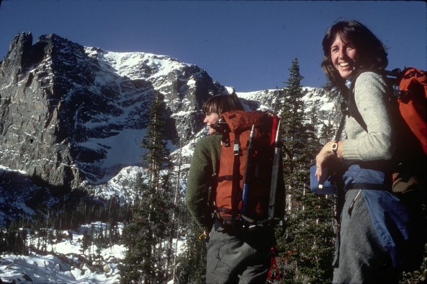 Alex and Jennifer Lowe skiing toward the north face of Notch Top in Rocky Mountain National Park in 1982.