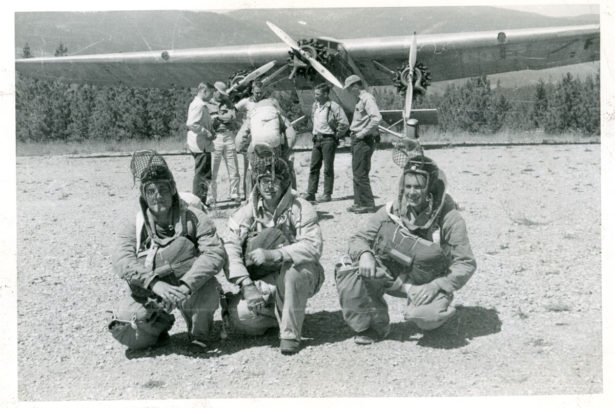 Camp Menard (Ninemile) Ford Trimotor. 1st Jump Bob Conklin on left. Photo contributed to Smokey Generation by Leonard Blixrud (MSO 1953).