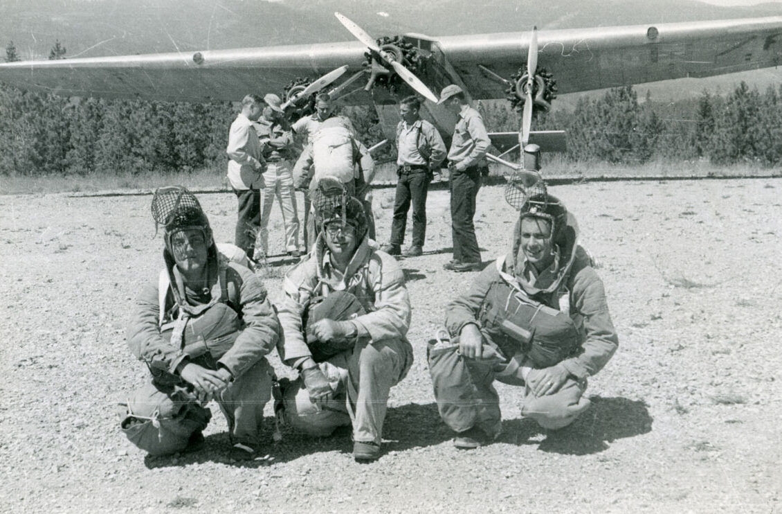 Camp Menard (Ninemile) Ford Trimotor. 1st Jump Bob Conklin on left. Photo contributed to Smokey Generation by Leonard Blixrud (MSO 1953).