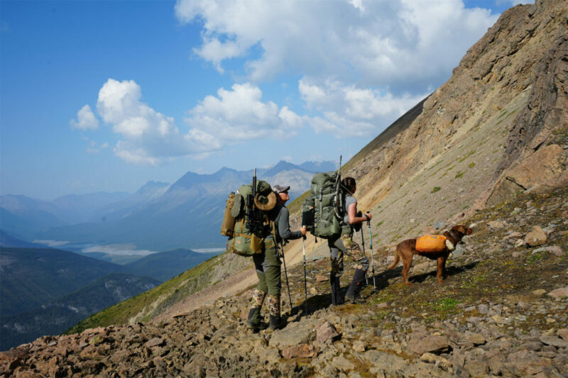 Rachel Ahtila and Kayla Read carrying backpacks in the mountains with a dog